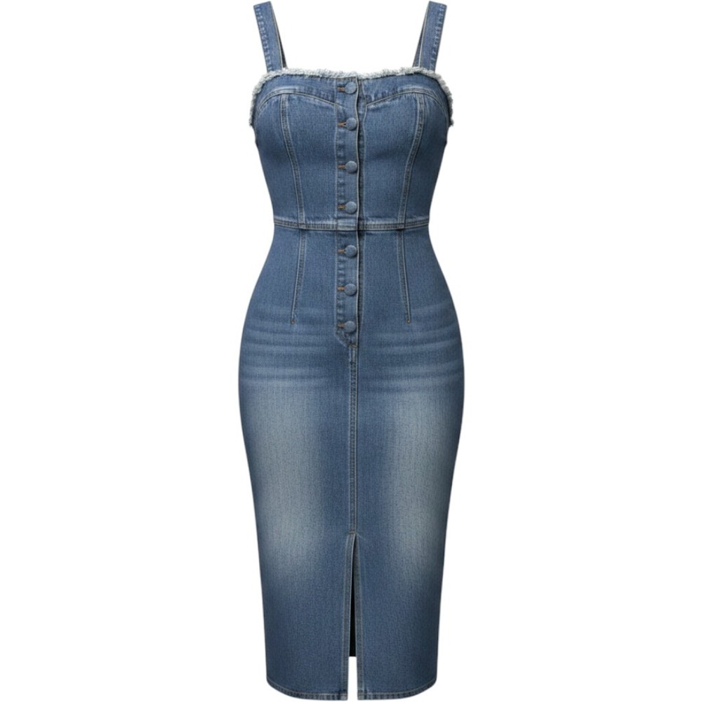 Pastiche Pop Denim Dress XS Light Wash Button Front Midi Raw Hem NWT $145